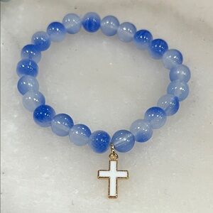 Blue Beaded Bracelet with Cross Charm